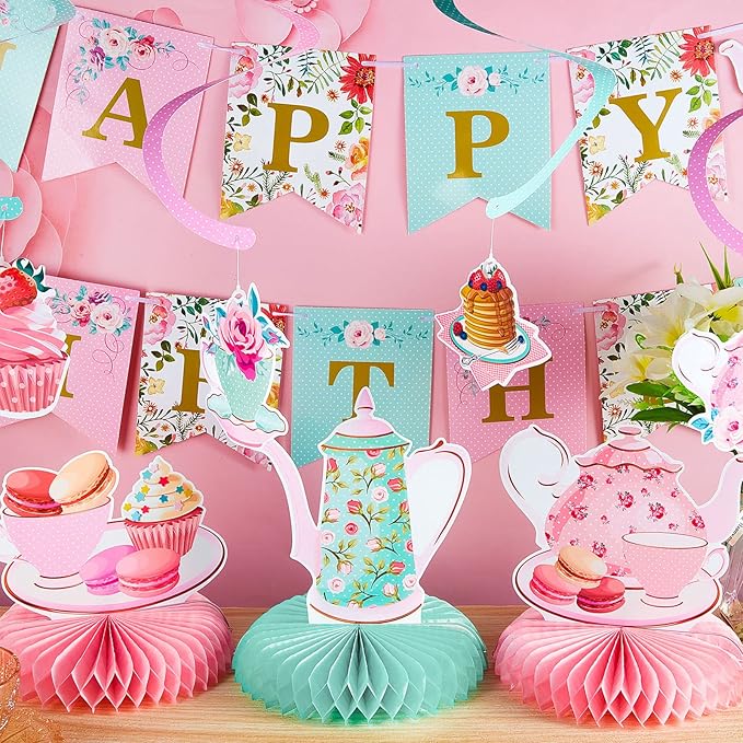 Zonon 40 Pcs Tea Party Birthday Decoration Set with Happy Birthday Banner, Cupcake Toppers, Table Centerpieces, Hanging Swirls Tea Party Supplies for Women Spring Floral Hanging Decor for Baby Shower