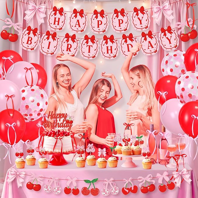 K KUMEED Cherry Birthday Decorations,Cute Happy Birthday Cherry and Bow Banner,Summer Fruit Cherries Party Supplies Cake Topper Latex Balloons for Birthday Party Decorations