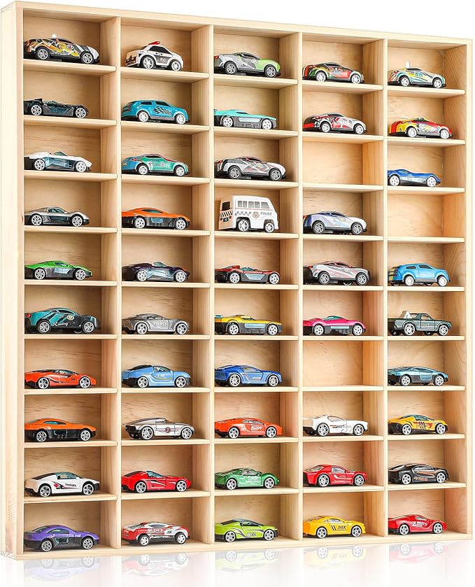 Hot 1/64 Diecast Wheels Display Case Holds Toy Cars Wooden Wall Mount Car Display Shelf Storage Organizer Case for Toy Collectibles, Wheel, Model, 10 Layers (50 Spaces)