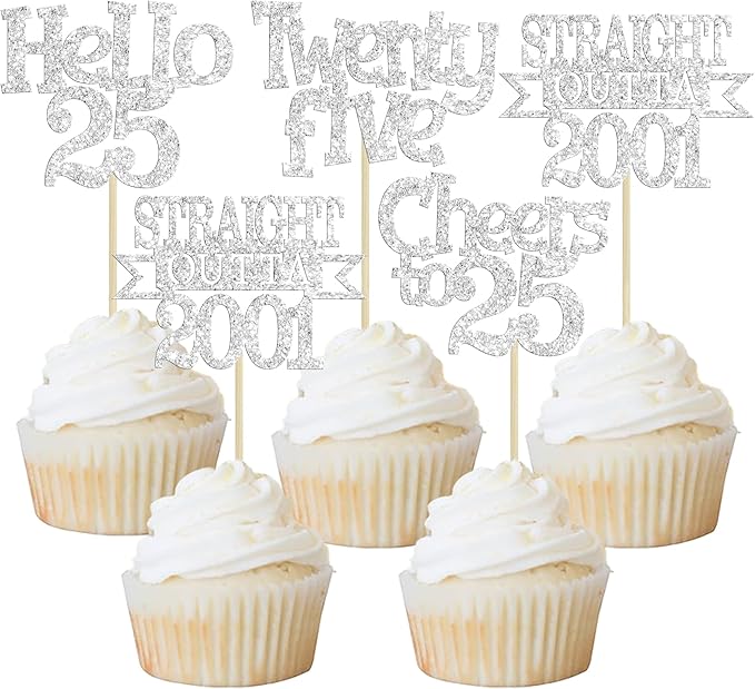 Ephlyn 24Pcs 25th Birthday Cupcake Toppers Glitter Straight Outta 2001 Cupcake Picks Hello 25 Cheers to 25 Years Cake Decorations for 25th Birthday Anniversary Party Decorations Supplies Silver