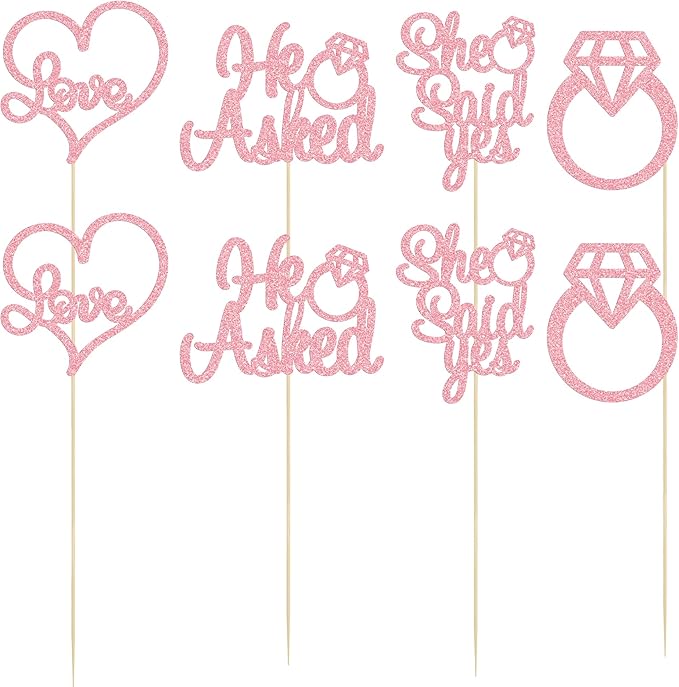Gyufise 12Pcs Engagement Centerpiece Sticks Double Sided He Asked She Said Yes Diamond Ring Heart Table Centerpiece Sticks for Wedding Bridal Shower Party Supplies Pink