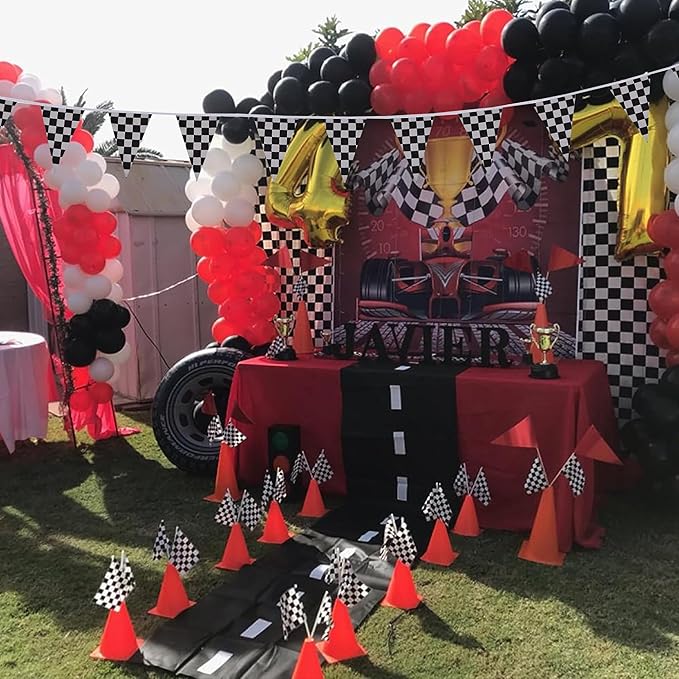 Two Fast Birthday Decro,13ft (2ft Wide)Race Floor Runner(1pc),Racing Checkered Flags (12pcs),16ft Black and White Checkered Banner(1pc),Racing Themed Party Centerpiece Supplies.Two Fast Decorations.Lightning Mcqueen Birthday Decorations