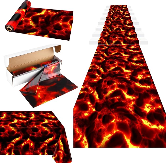Kochorie Lava Tablecloth Roll with Cutter Box 100 Ft X 54 Inch Frame Volcano Table Cover Disposable Hot Lava Plastic Party Supplies for Volcano Dinosaur Theme Party Halloween Game Decorations