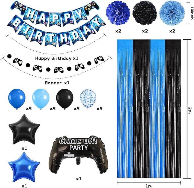 Video Game Birthday Decorations,Gaming Party Supplies,Include Blue Black Party Foil Balloons Happy Birthday Banner Fringe Curtain Tissue Paper Pompoms Garland