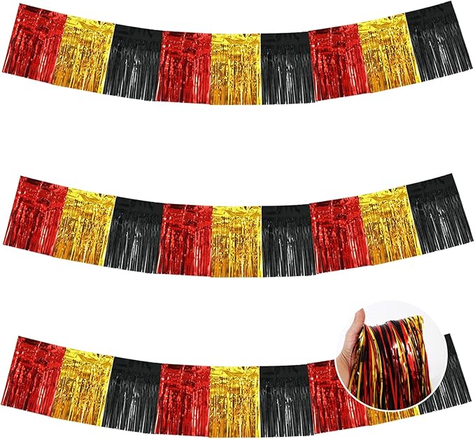 BEISHIDA 3 Packs Metallic Foil Fringe Garland Red Gold Black Wall Hanging Tinsel Fringe Banners for Car Floats Bridal Shower Wedding Birthday Graduation Holiday Party Decoration(30 Feet)