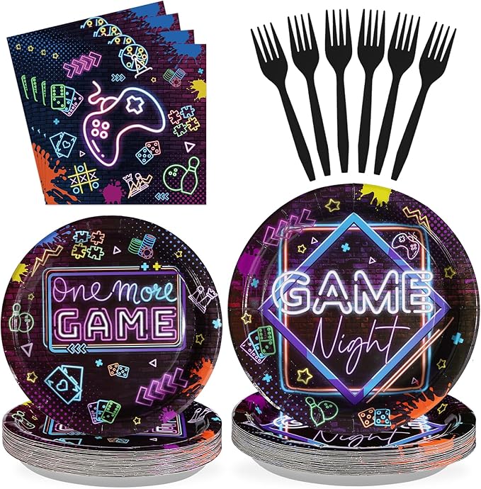 96Pcs Video Game Party Decorations Glow Neon Game On Plates and Napkins Tableware Set Game Night Decorations for Boys Game On Gamer Birthday Sleepover Slumber Prom Gaming Party Supplies Serves24