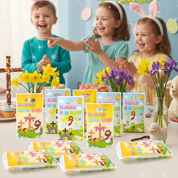 Easter Religious Party Favor Bag - 50Pcs He is Risen Rejoice Goodie Treat Candy Gift Bags Christian Cross Jesus Lives Party Supplies for Spring Easter Bible Sunday School Jesus Birthday VBS Church
