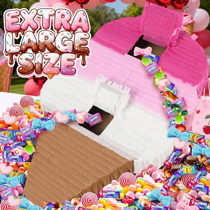 24" Large Ice Cream Pinata for Birthday Party, 3-Layer Neapolitan Summer Sweet Treats Theme Party Supplies, Paper Mache Pinata with Stick, Mask & Confetti, Fun Party Game Decor for Kids Adults