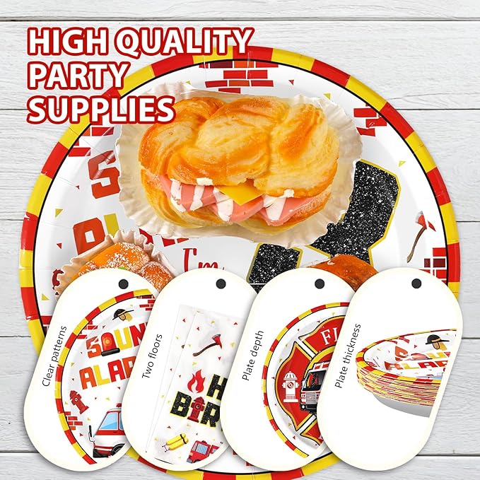 96Pcs Fire Truck 3rd Birthday Decorations Firefighter 3rd Birthday Plates and Napkins Tableware Sets Sound the Alarm Party Decorations for Boys Firetruck Fireman 3 Years Old Party Supplies Serve 24