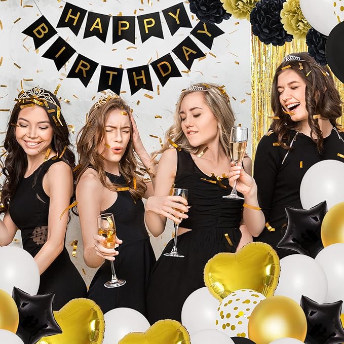 Amandir Black Gold Birthday Decorations for Men Women Black Gold White Confetti New Year Balloons Happy Birthday Banner Pom Poms Metallic Fringe Curtains 18th 30th 40th 50th 60th Party Supplies