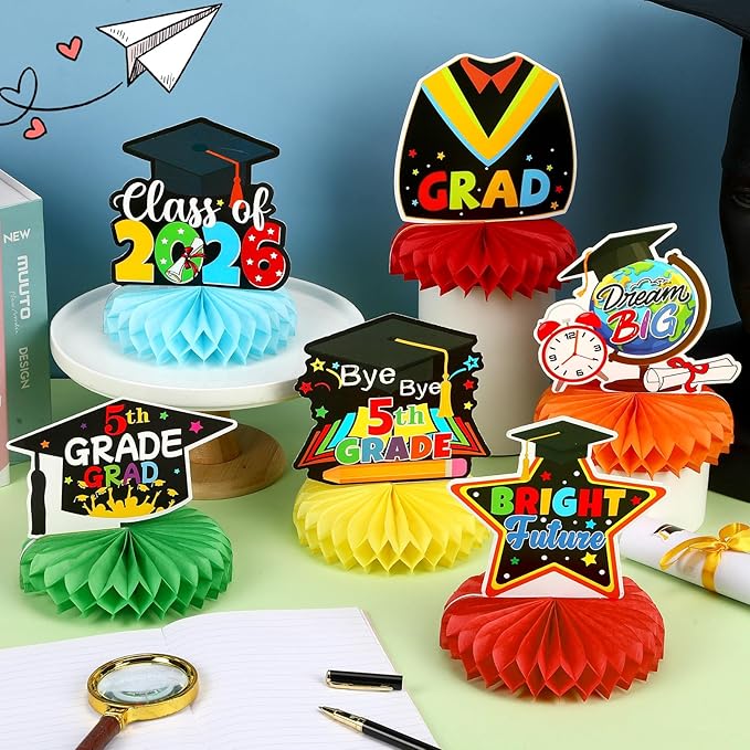 5TH Grade Graduation Party Decorations 2026, 10Pcs Elementary Graduation Honeycomb Centerpieces for Table Congrats Grad Table Topper Decor for Elementary Graduation Party Supplies