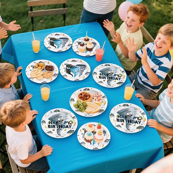 Grencian 96Pcs Tornado Birthday Party Decorations Blue Grey Tornado Birthday Plates and Napkins Disposable Paper Tableware for Boys Girls Kids Baby Shower Party Supplies, Serves 24