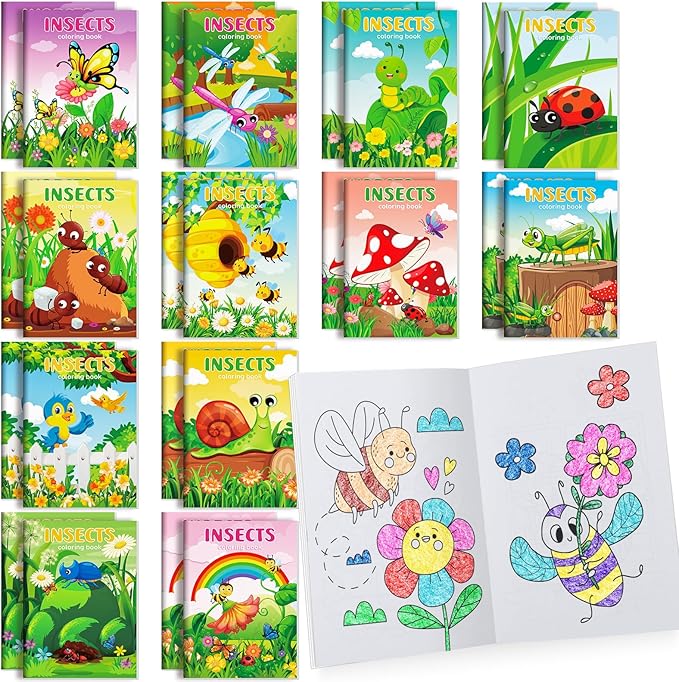 BenLouis 24 Pcs Insects Mini Coloring Books Kids Bugs Party Favors Small Activity Books Bulk for Kids Spring Butterfly Bee Birthday Goodie Bags Stuffers Return Gifts Classroom Travel