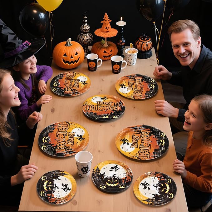200PCS Halloween Party Supplies Set with Trick Treat Witch and Pumpkin Design Includes Disposable Halloween Plates Napkins and Forks for Spooky Party Decorations