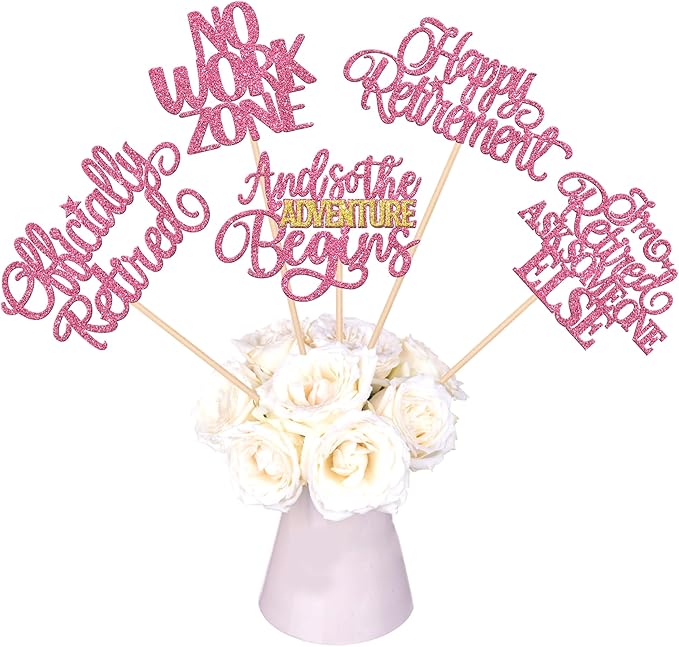15 PCS Happy Retirement Centerpiece Sticks Officially Retired Table Flower Centerpieces Sticks No Work Zone Floral Decorations for Retirement Theme Farewell Birthday Party Centerpieces Supplies Pink