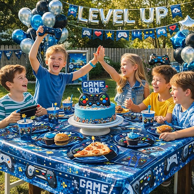 96 Pcs Video Game Plates and Napkins Tableware Set (Serve 24), Video Game Birthday Party Decorations, Party Supplies Include Plates Napkins Plastic Forks for Party (Blue)