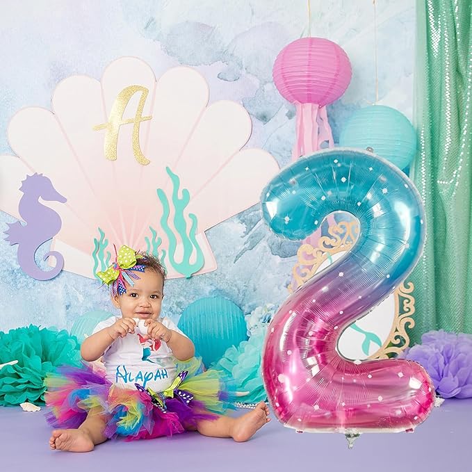 Mermaid 2 Balloons, 40 Inch Giant Rainbow Starry Helium Mylar Foil Number 0-9, Purple Teal 2nd Birthday Balloon for Girls, Blue Pink Morados Numero Two Balloons for Women Anniversary Party Decorations