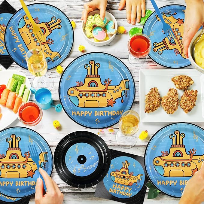 96 Pcs Submarine Theme Party Supplies Happy Birthday Plates and Napkins Retro Record Tableware Set for Boys Girls Adults Birthday Baby Shower Music Party Supplies, Serves 24