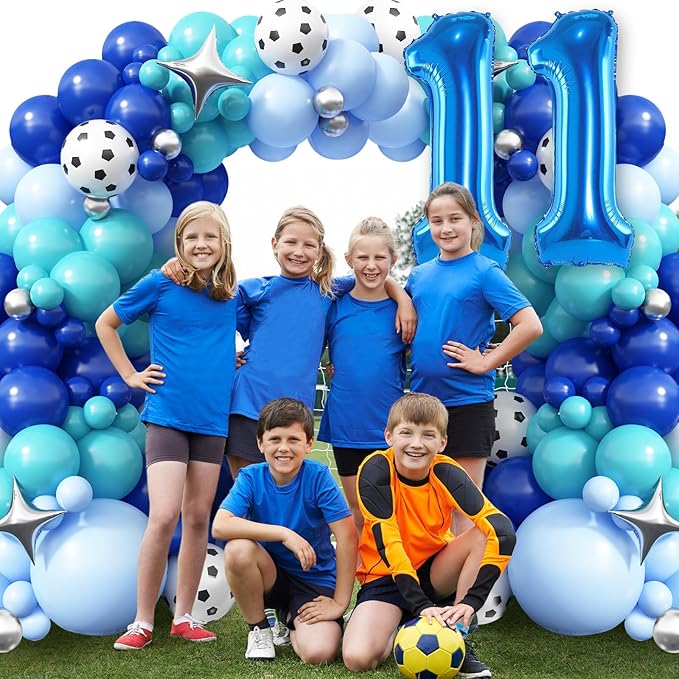 11th Birthday Soccer Party Decoration for Boys, 11th Soccer Birthday Balloons Arch with Royal Blue Teal Light Blue Balloon Garland Kit Large Number 11 Balloon for 10th Football Birthday Party Supply