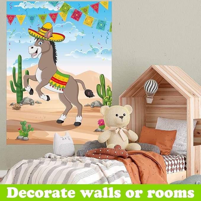 PLULON Pin The Tail on The Donkey Birthday Games for Kids Mexican Donkey Game Poster with Tail Stickers Donkey Party Favors Carnival Birthday Fiesta Home Wall Decor Classroom Family Activities