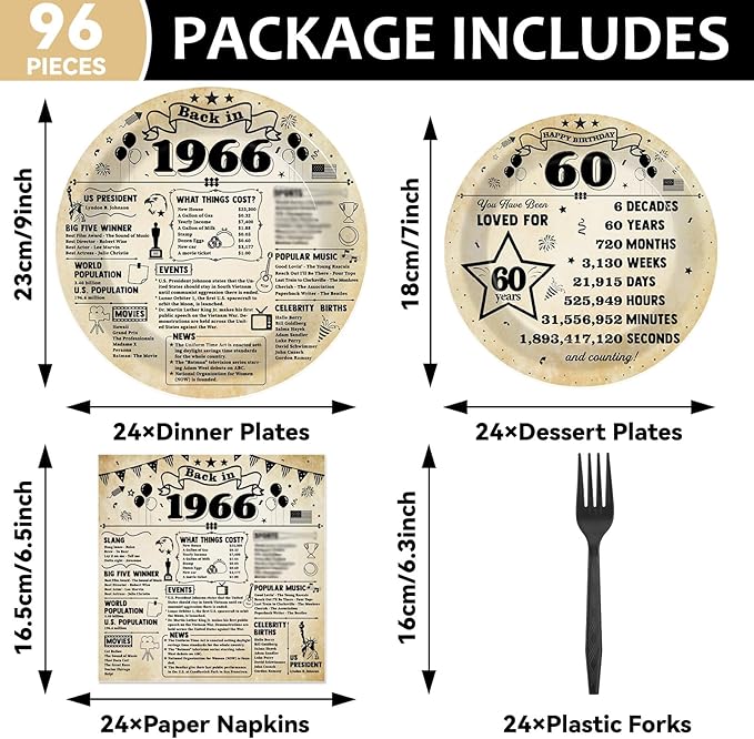 CHUNNIN 96Pcs 60th Birthday Plates and Napkins Back in 1966 Party Decorations Vintage 60 Year Old Party Dessert Plates 1966 Birthday Tableware for 24 Guests 60th Theme Men Woman Bday Parties Supplies