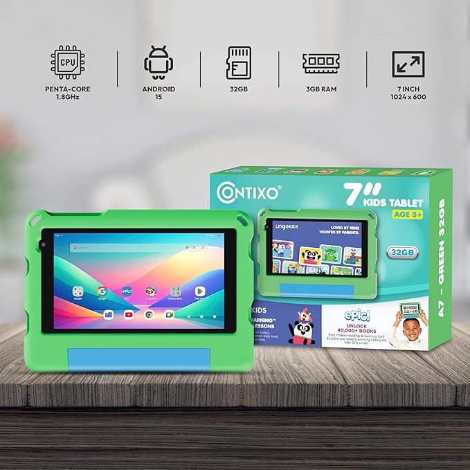 Contixo A7 Kids Tablet with 14 Apps, Lingokids & Epic, 7" HD Screen, Android 15, Parental Controls, WiFi, 3+32GB Storage, al Tablet for Kids Ages 3-12, Boys & Girls Gift, Green