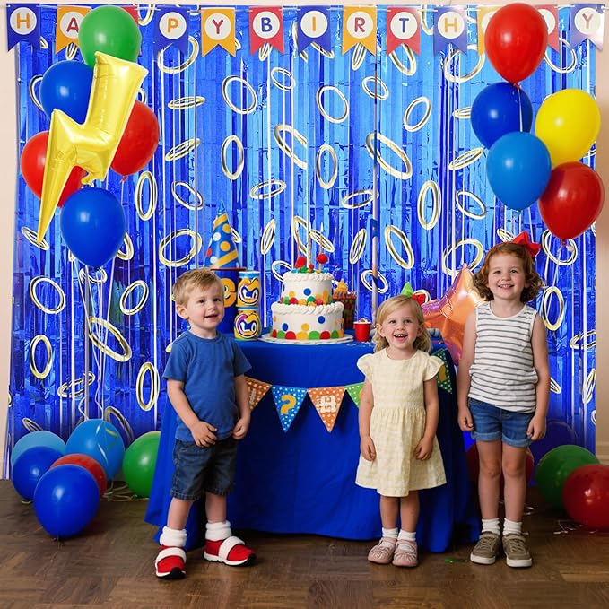 Cartoon Hedgehog Birthday Party Decoration, 4 Pack Hedgehog Party Backdrop Photo Booth Prop, Blue with Gold Ring Print Fringe Curtains Tinsel Photo Streamers for Hedgehog Theme Party Decor Supplies
