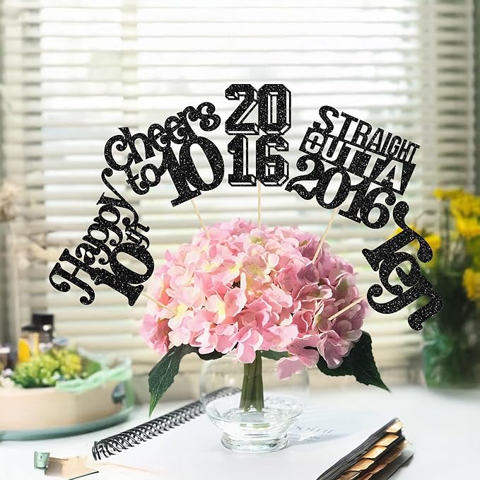Gyufise 15Pcs Happy 10th Birthday Centerpiece Sticks Ten Straight Outta 2016 Table Flower Centerpieces Sticks Cheers to 10 Decorations for 10th Birthday Party Supplies Black