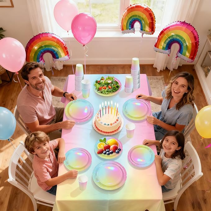 170pcs Pastel Rainbow Birthday Party Supplies Iridescent Pastel Plates and Napkins Cups Forks Tableware Sets for Girls Baby Shower Sprinkle Unicorn Theme Party Favors Serves 24