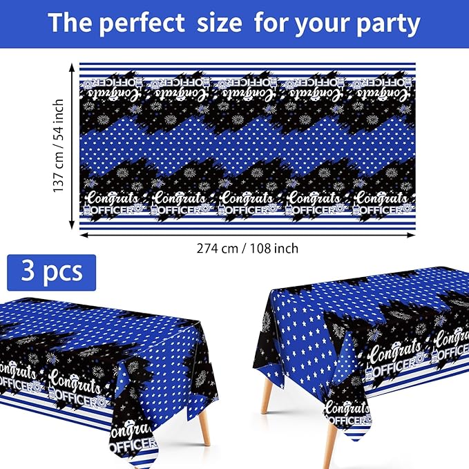 3Pcs Police Party Tablecloth Blue Line Police Retirement Plastic Table Cover Waterproof Congrats Officer Disposable Table Cloth for Law Cop Graduation Promotion Party Decorations, 54 x 108 Inch