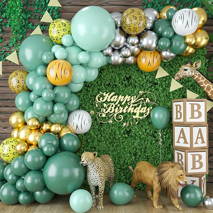 Sage Green Balloon Garland Arch Kit, Sage Green Metallic Gold and Silver Jungle Animal Pattern Latex Balloons for Baby Shower Wedding Birthday Graduation Bachelorette Party Decoration