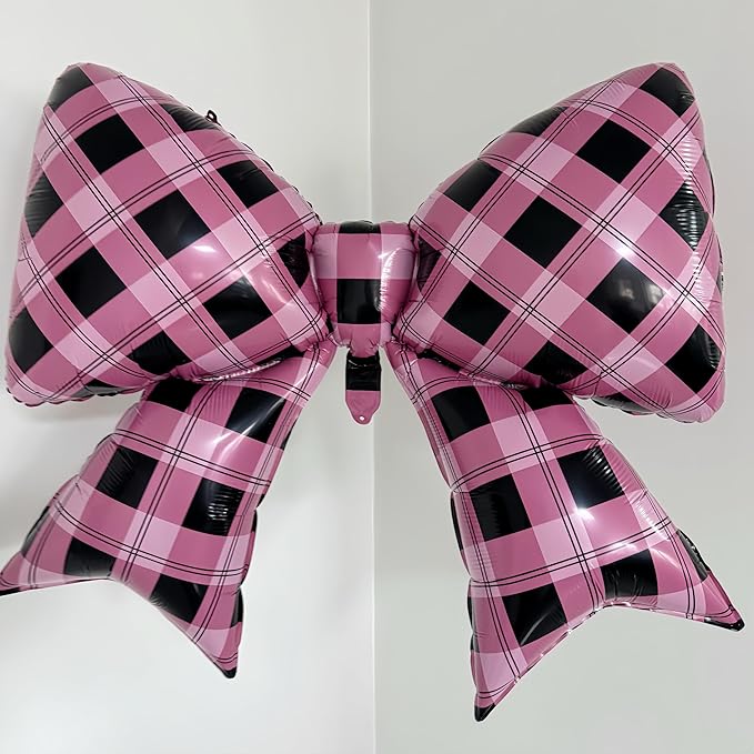 4Pcs Pink Black Gingham Bow Balloons/Sweet Sassy Y2K Party Decor/Bad Two The Bone Party/Korean Idol Demon Hunters/Little Devil Aesthetic/Bad Girl Birthday/Checkered Plaid Foil Balloon/Night Out Decor
