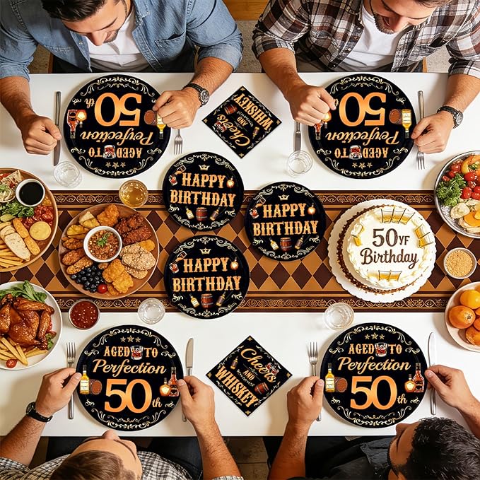 96 Pcs Whiskey 50th Birthday Party Supplies Aged To Perfection 50th Plates and Napkins Disposable Cheers and Whiskey Tableware Set for Men Vintage 50 Years Old Birthday Party Decorations Serves 24