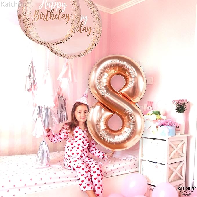KatchOn Rose Gold 8 Balloon - 40 Inch Mylar Eight Balloon for 8th Birthday Decorations