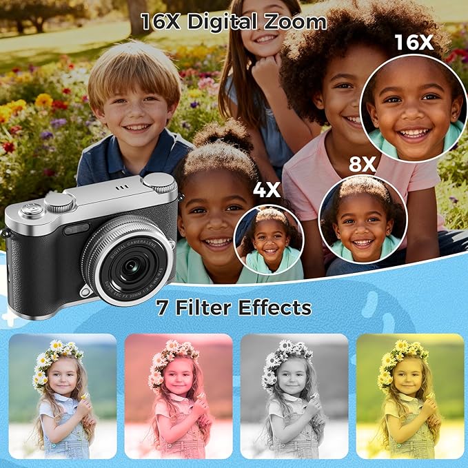 Upgrade Kids Selfie Camera, HD Digital Video Cameras for Toddler, Portable Toy for 3 4 5 6 7 8 Year Old Girl with 32GB SD Card-Black