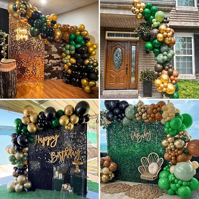 Green and Brown Balloon, 60Pcs 12Inch Dark Green Black Metallic Gold Latex Balloon, Metallic Avocado Tan Chrome Gold Balloons for Camo Camping Game Army Jungle Safari Theme Birthday Party Decor