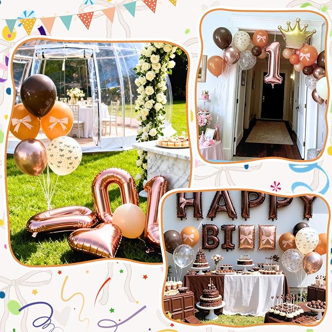 Brown Bow Balloons, 50pcs 12 Inch Dark Coffee Tan Metallic Gold Nude Sand White Clear Neutral Bow Print Balloons for Girl Women Brown Birthday Bow Theme Party Baby Shower Wedding Engagement Decoration