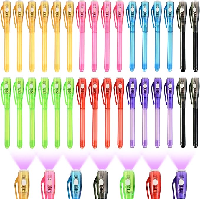 Goldge 32PCS Invisible Ink Pens with UV Light for Kids, Party Favors,Spy Pen for Secret Message, Escape Room, Perfect for Birthdays, Easter, Valentine’s Gifts for Kids, Christmas & Stocking Stuffers