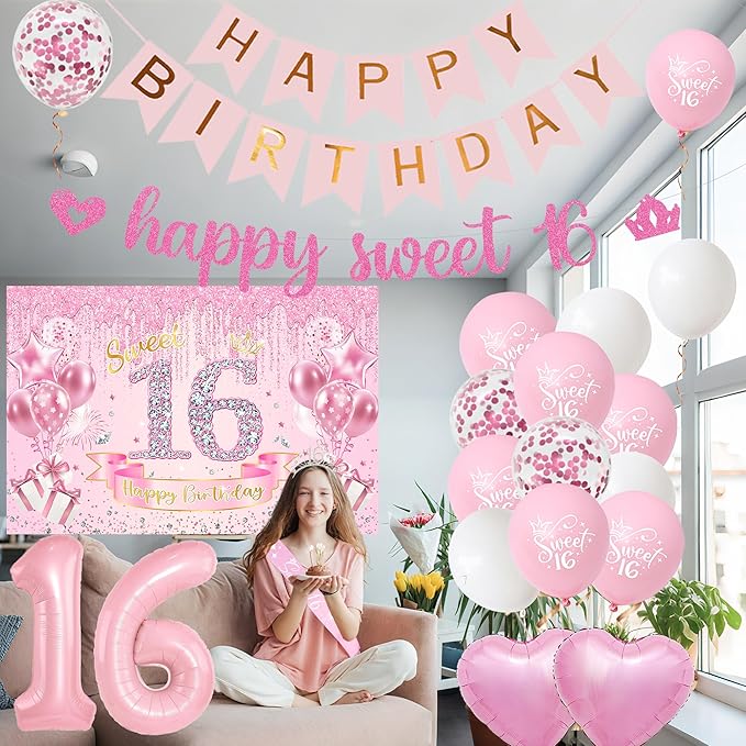 Sweet 16 Birthday Party Decorations for Girls - Pink 16th Happy Birthday Banner Heart Balloons Number 16, Photo Backdrop Crown Sash Party Supplies for Sixteen Years Old