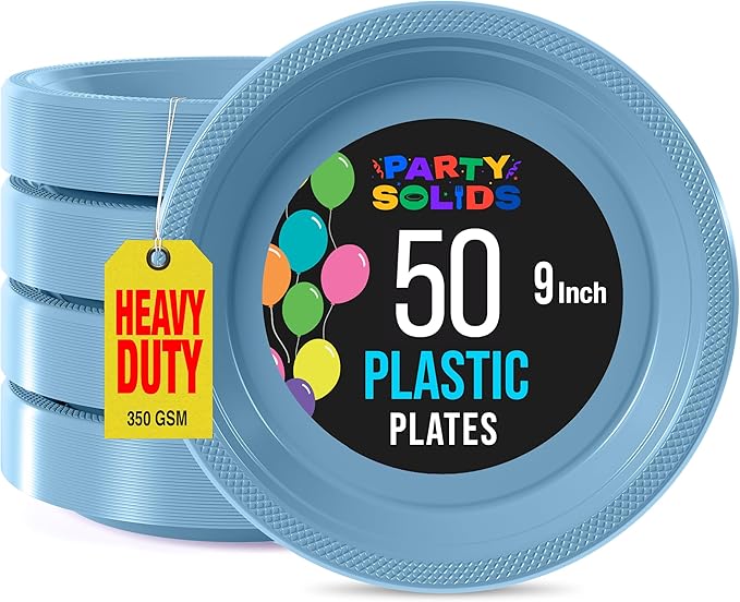 Exquisite Party Solids Light Blue Plastic Plates For Party Supplies 9" Light Blue Disposable Plates Heavy Duty 50 Pcs Plastic Dinnerware Sets Heavy Duty 350 GSM Disposable Dinnerware Set