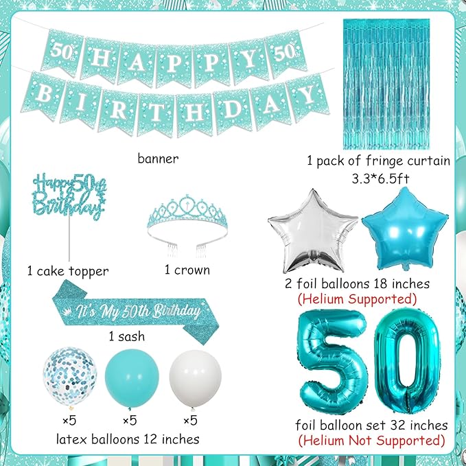 Funmemoir Teal 50th Birthday Decorations for Women - Happy 50th Birthday Banner Sash Tiara Foil Balloons Foil Fringe Backdrop and Cake Topper, Teal Blue 50 Years Old Party Supplies