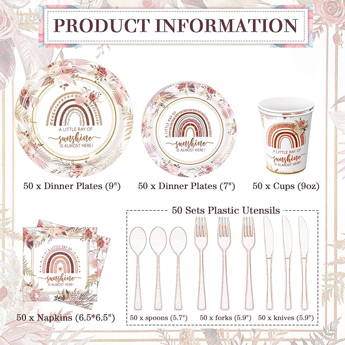 350 Pcs Boho Sunshine Baby Shower Party Supplies Rainbow Paper Plates Napkins Cups and Plastic Cutlery Party Tableware Set for Baby Shower Birthday Decorations, Serves 50
