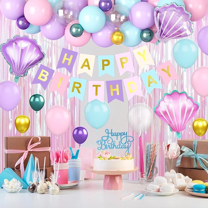 Mermaid Birthday Decorations Supplies, Purple Pink Teal Blue Balloons Happy Birthday Banner Cake Topper Shells Foil Balloon Pink Fringe Curtain for Women Girls Kids Party Decorations