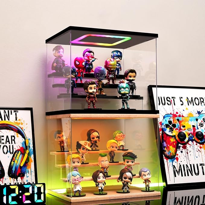 Clear Acrylic Display Case with Light , 3 Tier Multiple Color Lights Display Box Stand Assembly Dustproof Protection Showcase for Collectibles Action Figures (Black 12.6×7×9in)