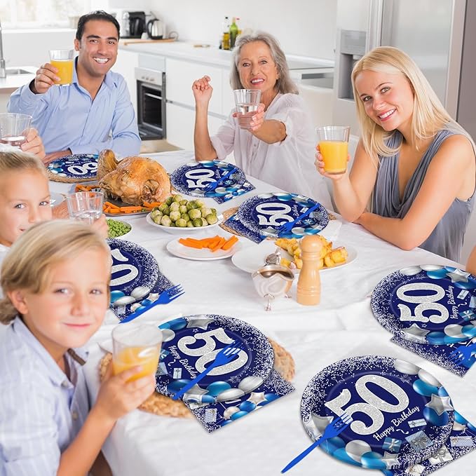 96 Pcs 50th Birthday Party Supplies - Navy Blue & Silver Plates, Napkins, Forks & Table Decorations for 24 Guests
