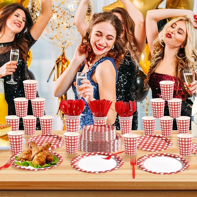 168Pcs Red Gingham Party Decorations Red and White Checkered Buffalo Plaid Plates Napkins Cups Forks Knives Spoons Tableware Set for Summer Pizza BBQ Picnic Baby Shower Birthday Party Supplies Serve24
