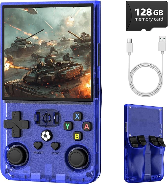 DVJQSN R36MAX Retro Handheld Game Console, 4.0 Inch Screen, 64GB, 18000+ Games, Linux System, 4000mAh Battery (Blue Transparency, 128, GB)