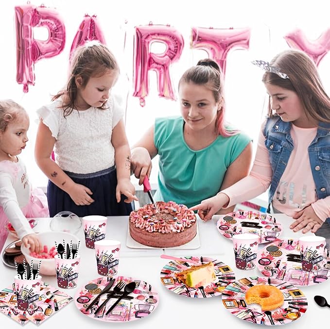 Lide Road Makeup Theme Party Supplies - 64 Pcs, Serves 24 Guests - Pink Makeup Party Plates & Napkins for Birthday & Wedding Parties
