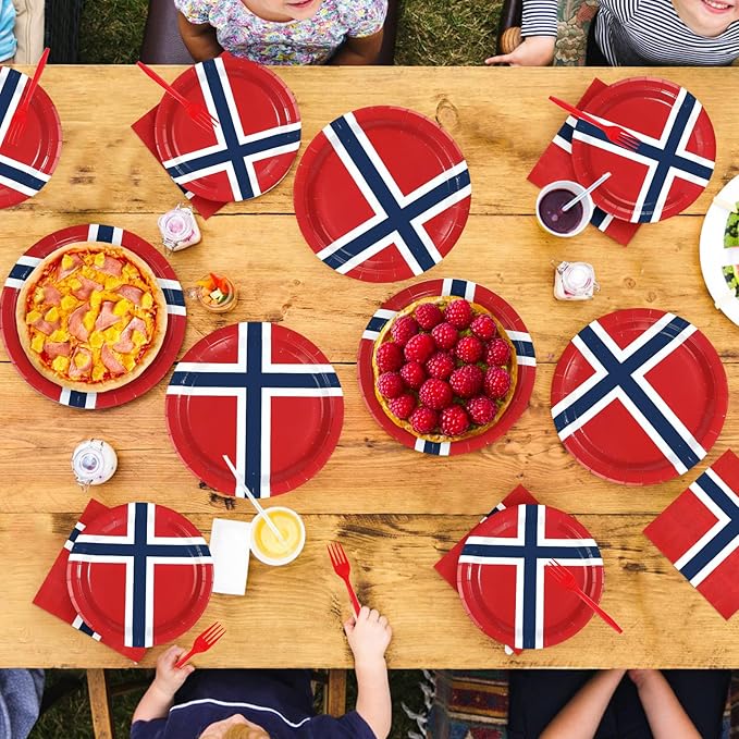96 Pcs Norway Flag Themed Party Decorations Disposable Norwegian Flag Paper Plates and Napkins Norway National Tableware Set for Country Decoration Patriotic Festival Party Supplies, Serves 24