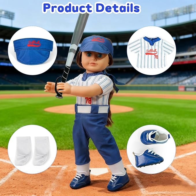 ARTST Softball Uniform Doll Outfit-American 18 inch Doll Clothes and Accessories Set-Hat Baseball Clothing Bat Shoes Socks,Valentine's Gifts for Boys Spring T-Ball
